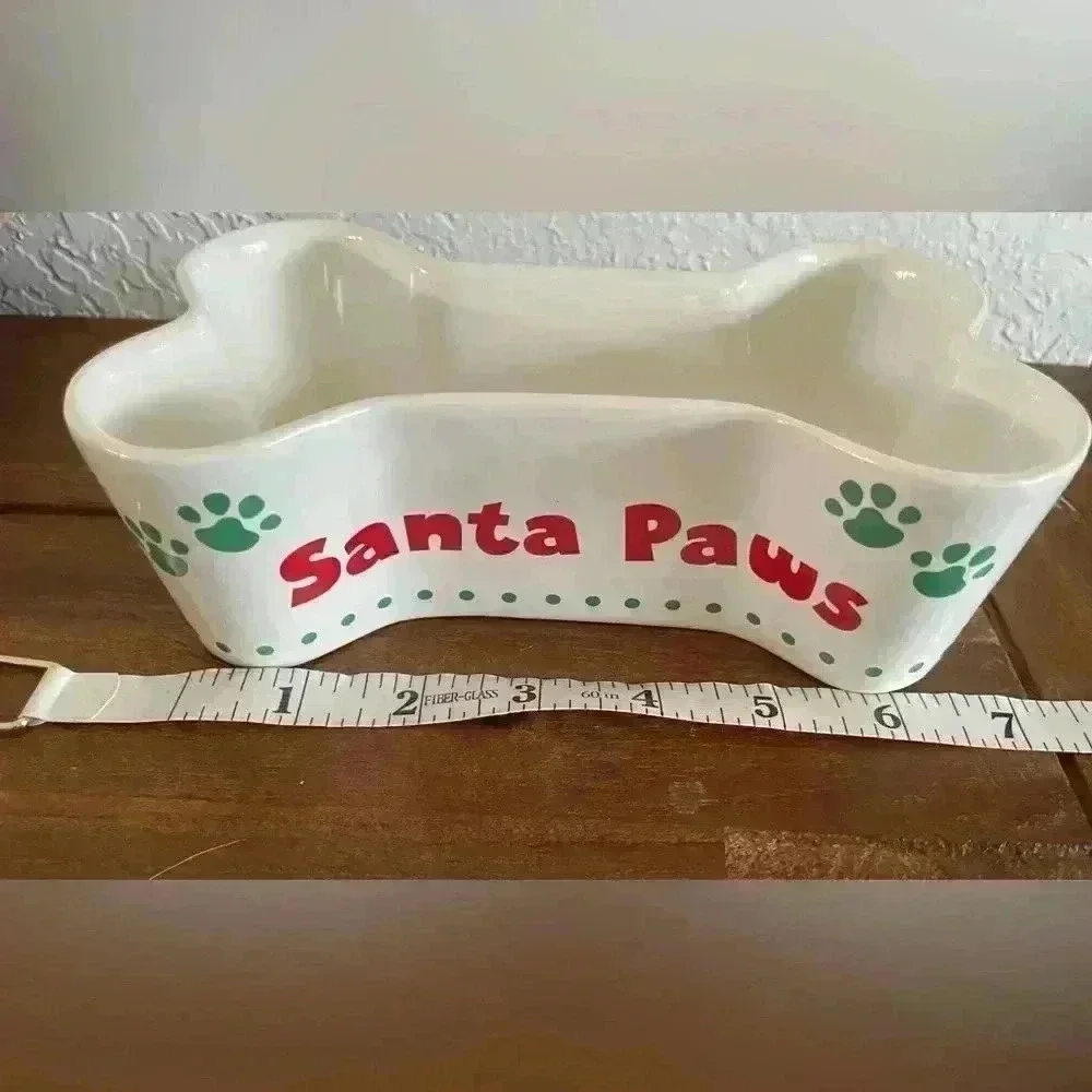 Santa paws ceramic bone shaped Water/Food/Treat Bowl CHRISTMAS Pet Gift